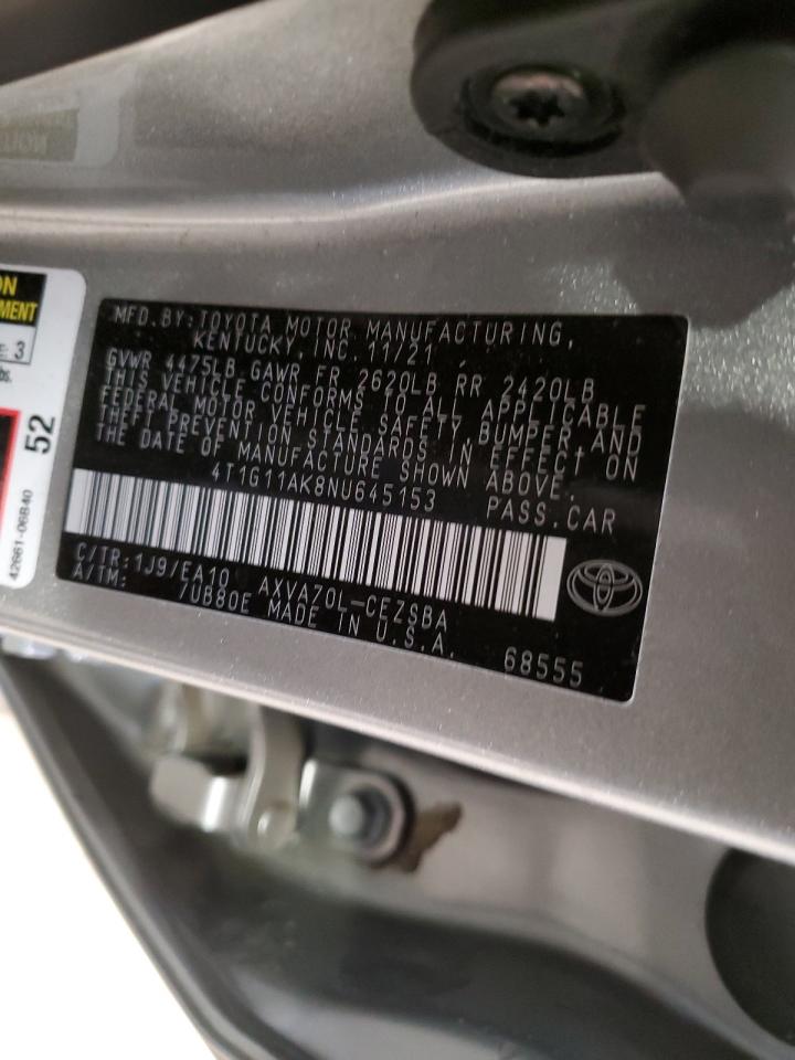 2022 TOYOTA CAMRY SE VIN:4T1G11AK8NU645153