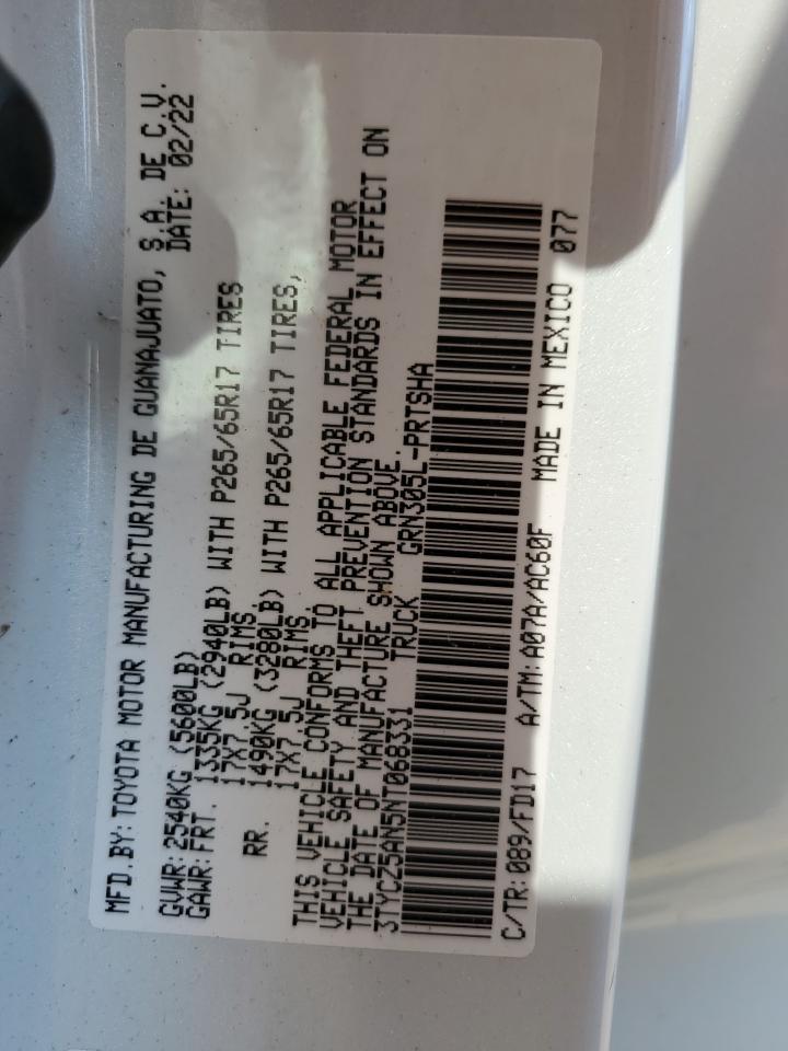 2022 TOYOTA TACOMA DOUBLE CAB VIN:3TYCZ5AN5NT068331