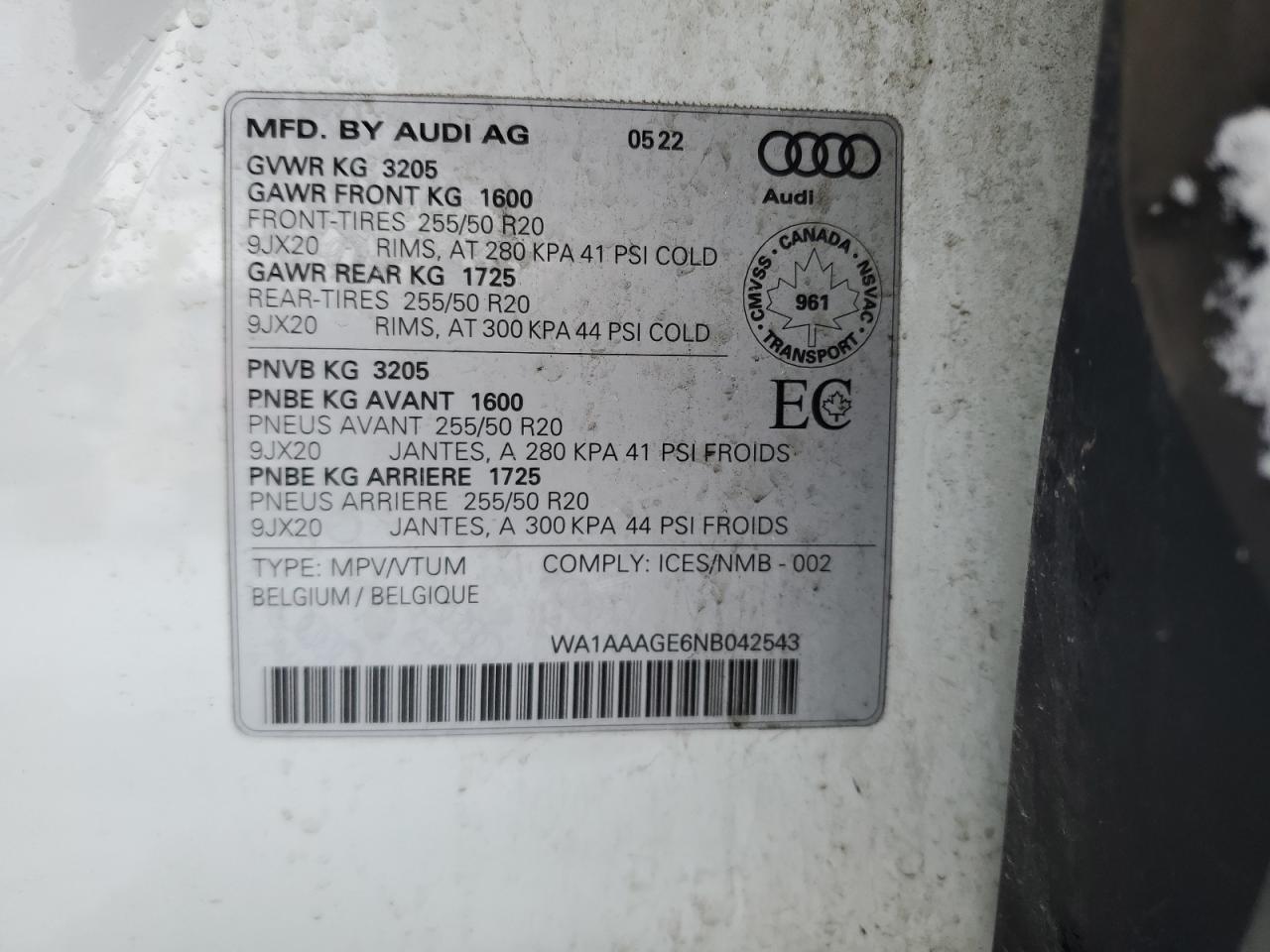 2022 AUDI E-TRON PREMIUM VIN:WA1AAAGE6NB042543