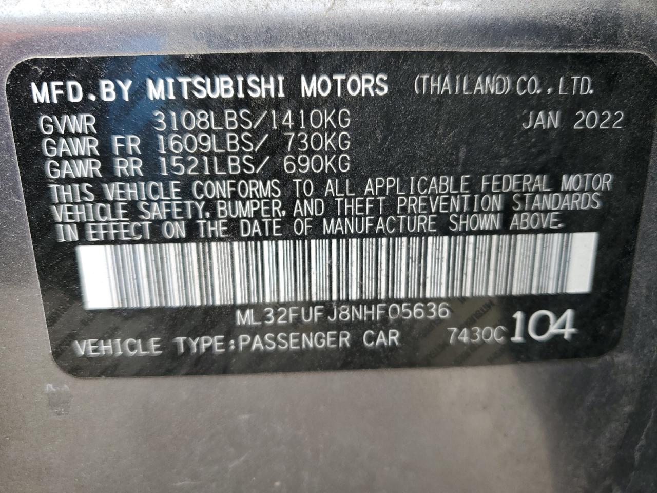 2022 MITSUBISHI MIRAGE G4 ES VIN:ML32FUFJ8NHF05636