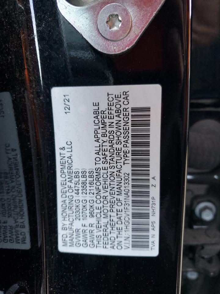 2022 HONDA ACCORD SPORT VIN:1HGCV1F31NA013302