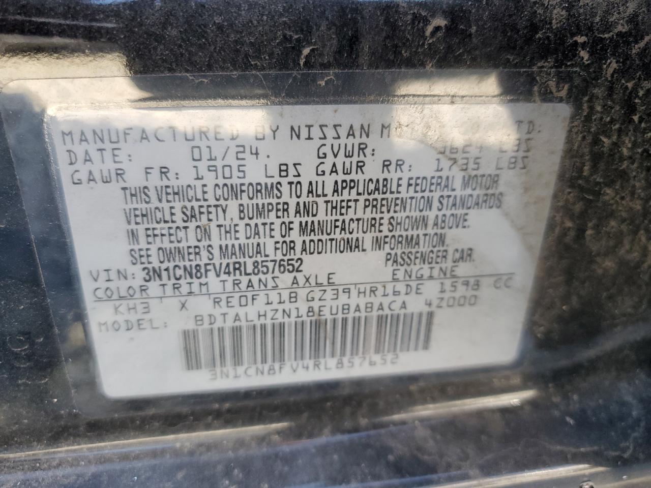 2024 NISSAN VERSA SR VIN:3N1CN8FV4RL857652