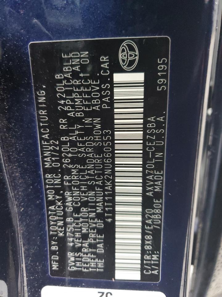 2022 TOYOTA CAMRY SE VIN:4T1T11AK2NU660553