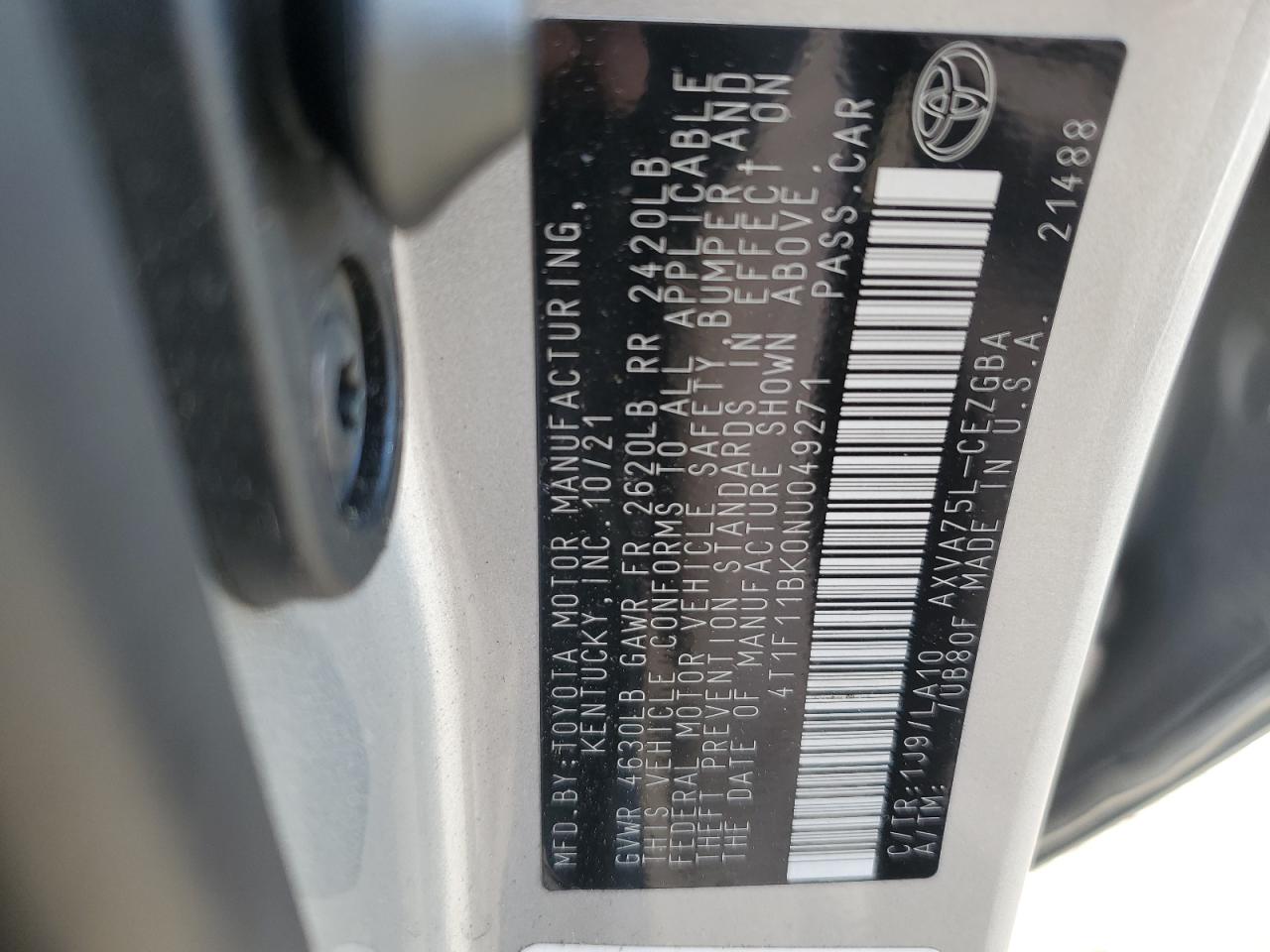 2022 TOYOTA CAMRY XLE VIN:4T1F11BK0NU049271