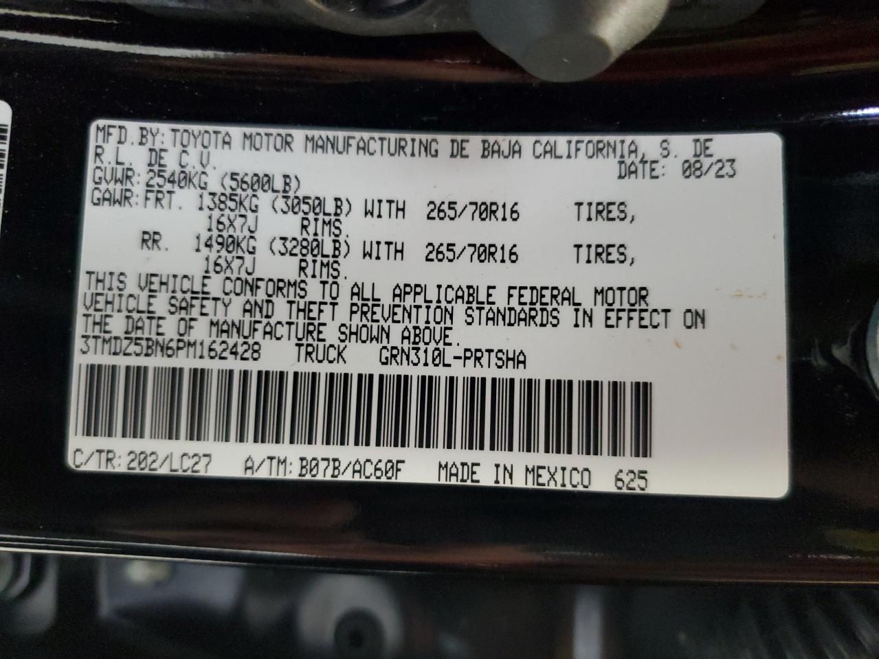 2023 TOYOTA TACOMA DOUBLE CAB VIN:3TMDZ5BN6PM162428