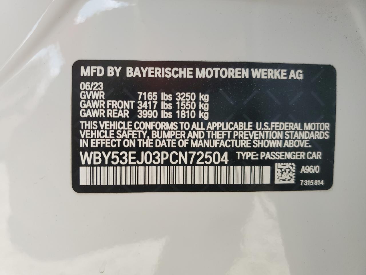 2023 BMW I7 XDRIVE60 VIN:WBY53EJ03PCN72504