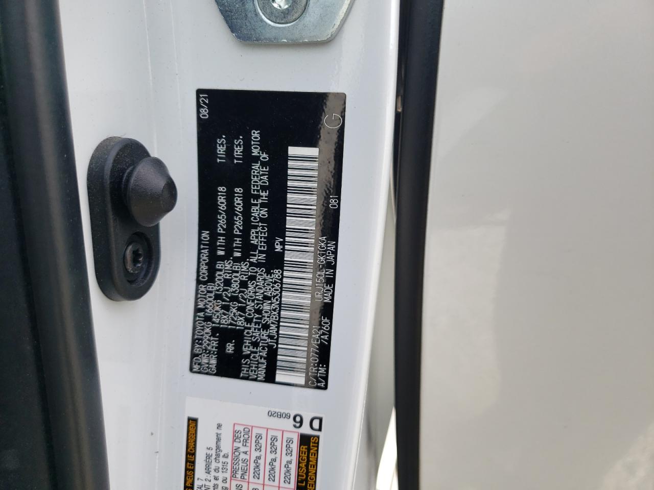 2022 LEXUS GX 460 VIN:JTJAM7BX3N5306788