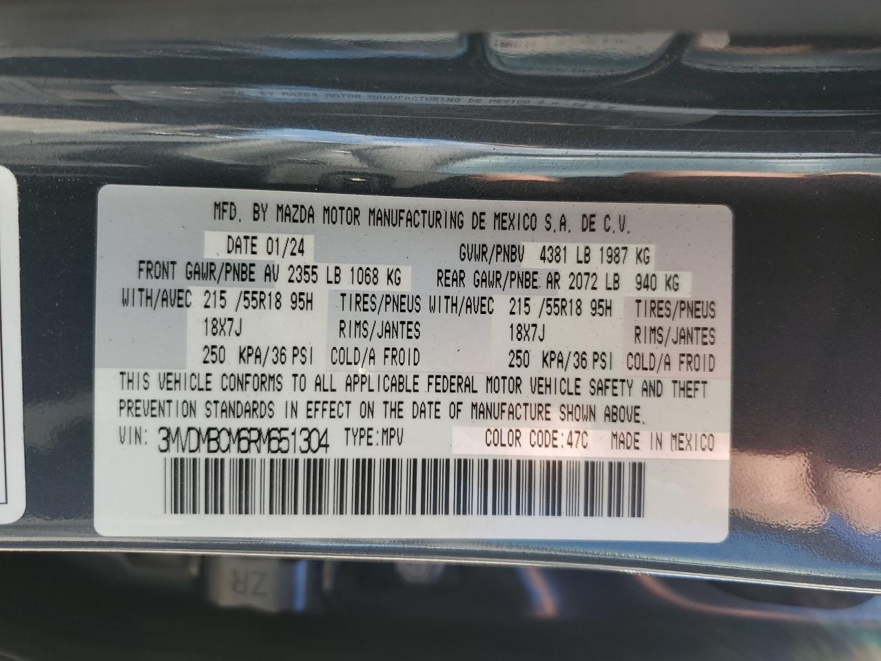 2024 MAZDA CX-30 PREFERRED VIN:3MVDMBCM6RM651304