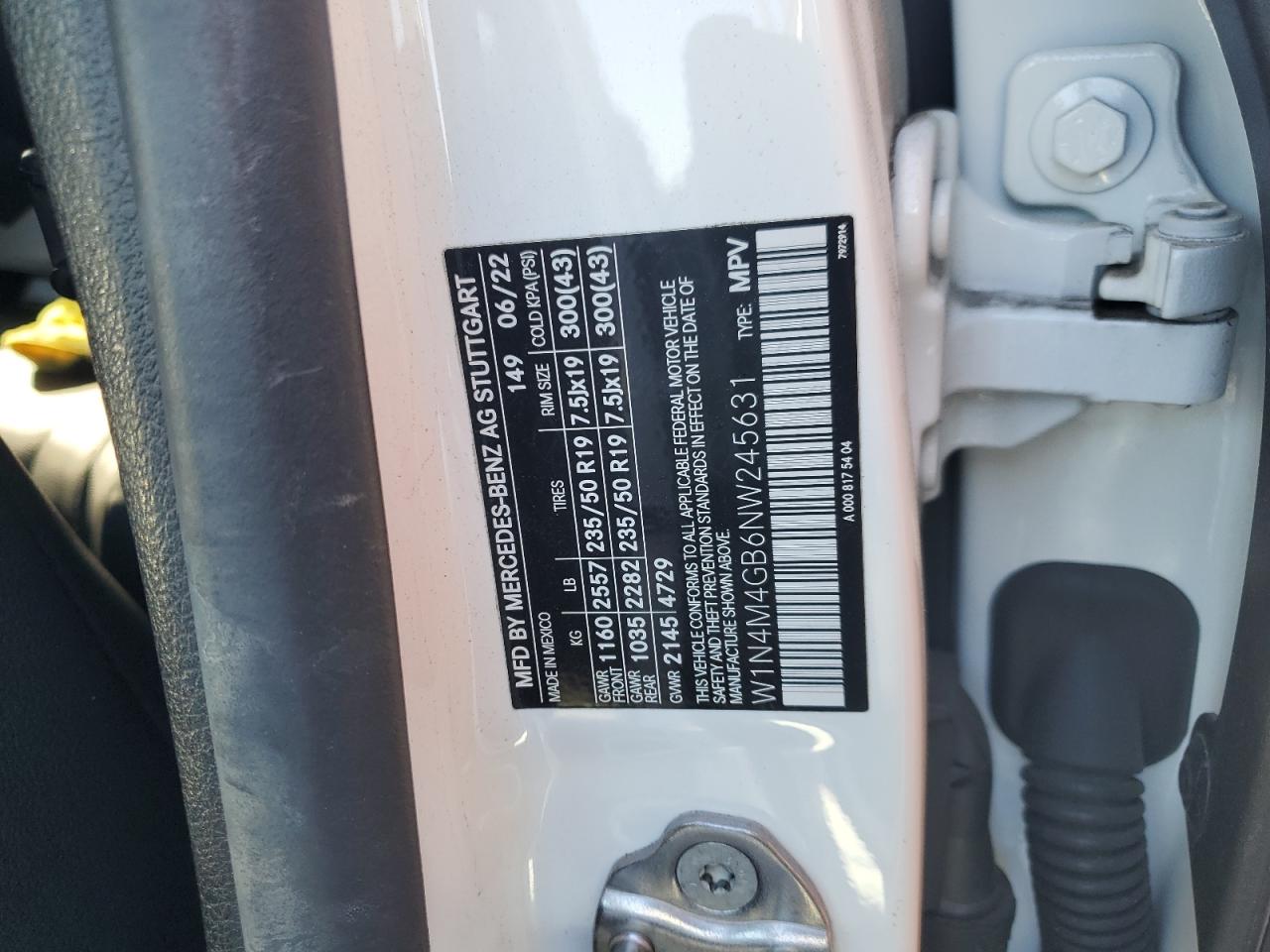 2022 MERCEDES-BENZ GLB 250 VIN:W1N4M4GB6NW245631