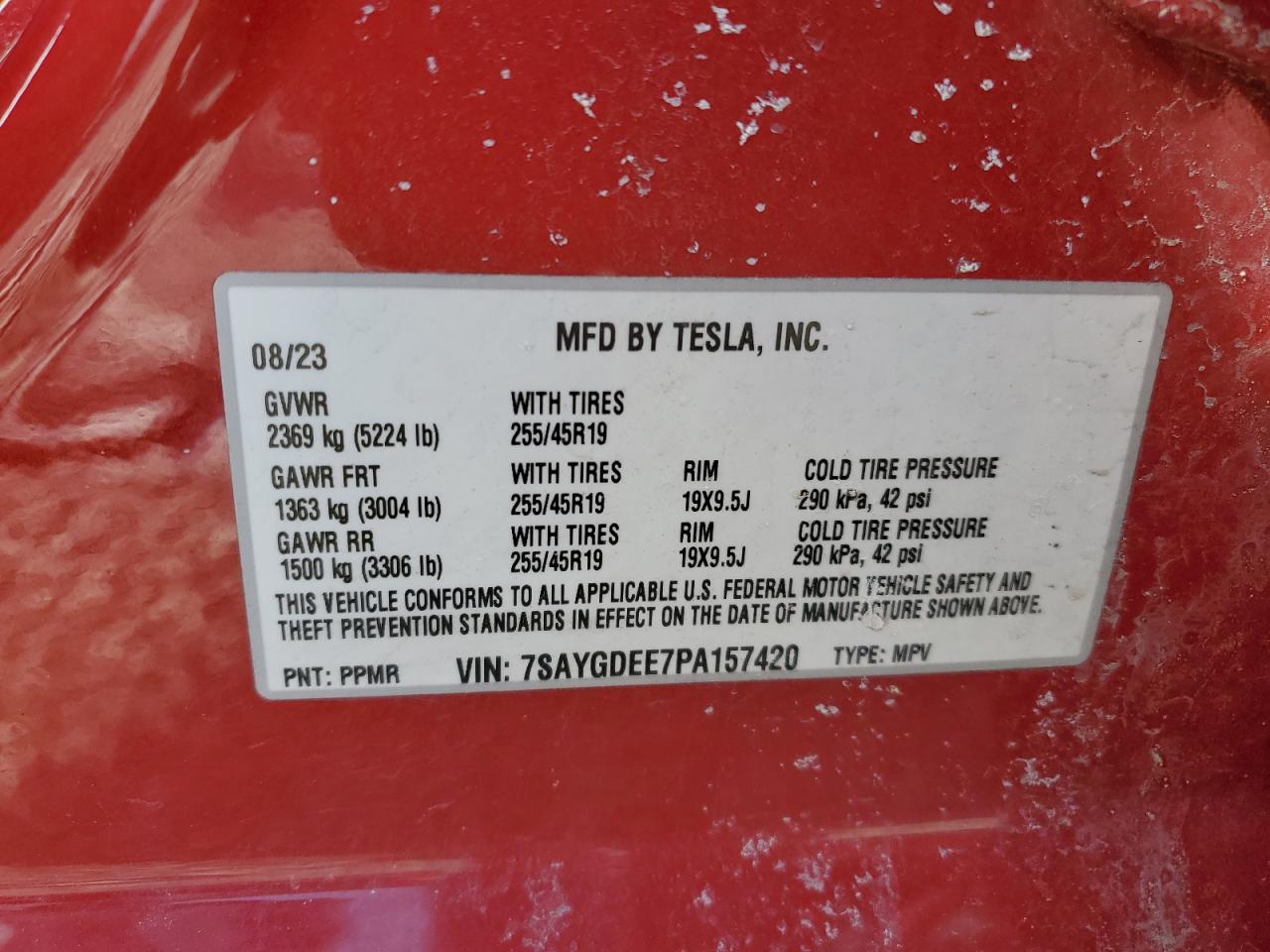 2023 TESLA MODEL Y VIN:7SAYGDEE7PA157420