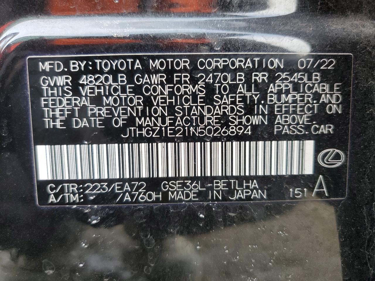 2022 LEXUS IS 350 F SPORT VIN:JTHGZ1E21N5026894