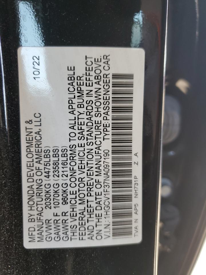 2022 HONDA ACCORD SPORT VIN:1HGCV1F37NA097190