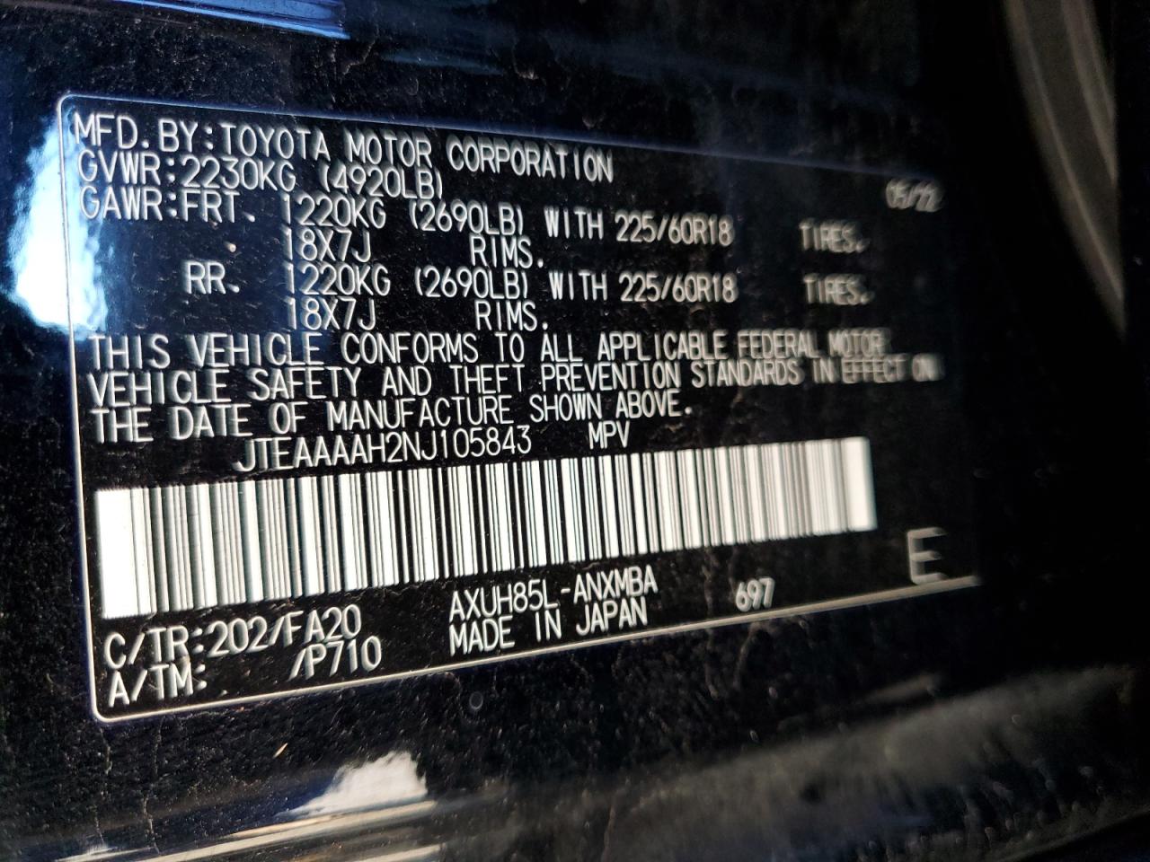 2022 TOYOTA VENZA LE VIN:JTEAAAAH2NJ105843