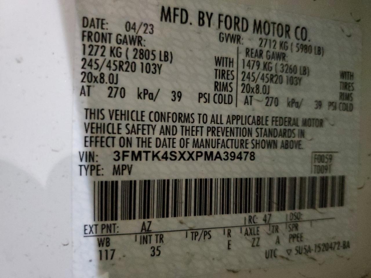 2023 FORD MUSTANG MACH-E GT VIN:3FMTK4SXXPMA39478