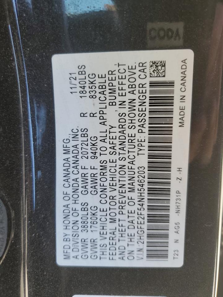 2022 HONDA CIVIC SPORT VIN:2HGFE2F54NH546203