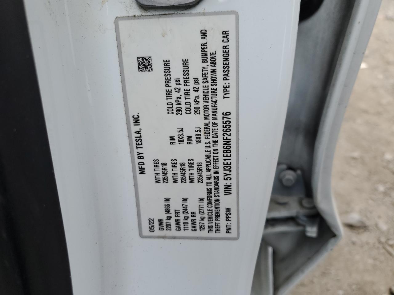 2022 TESLA MODEL 3 VIN:5YJ3E1EB6NF265576