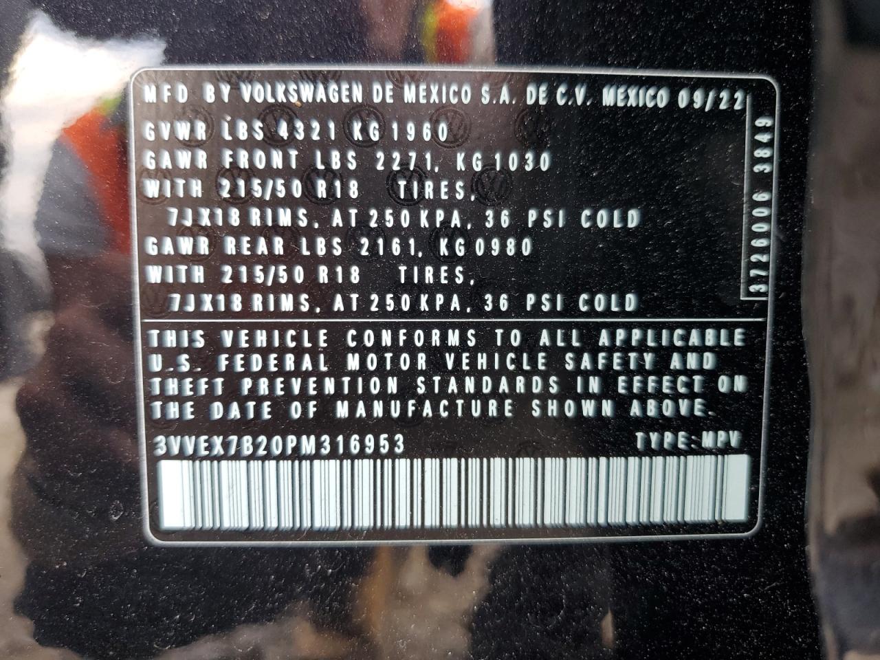 2023 VOLKSWAGEN TAOS SE VIN:3VVEX7B20PM316953