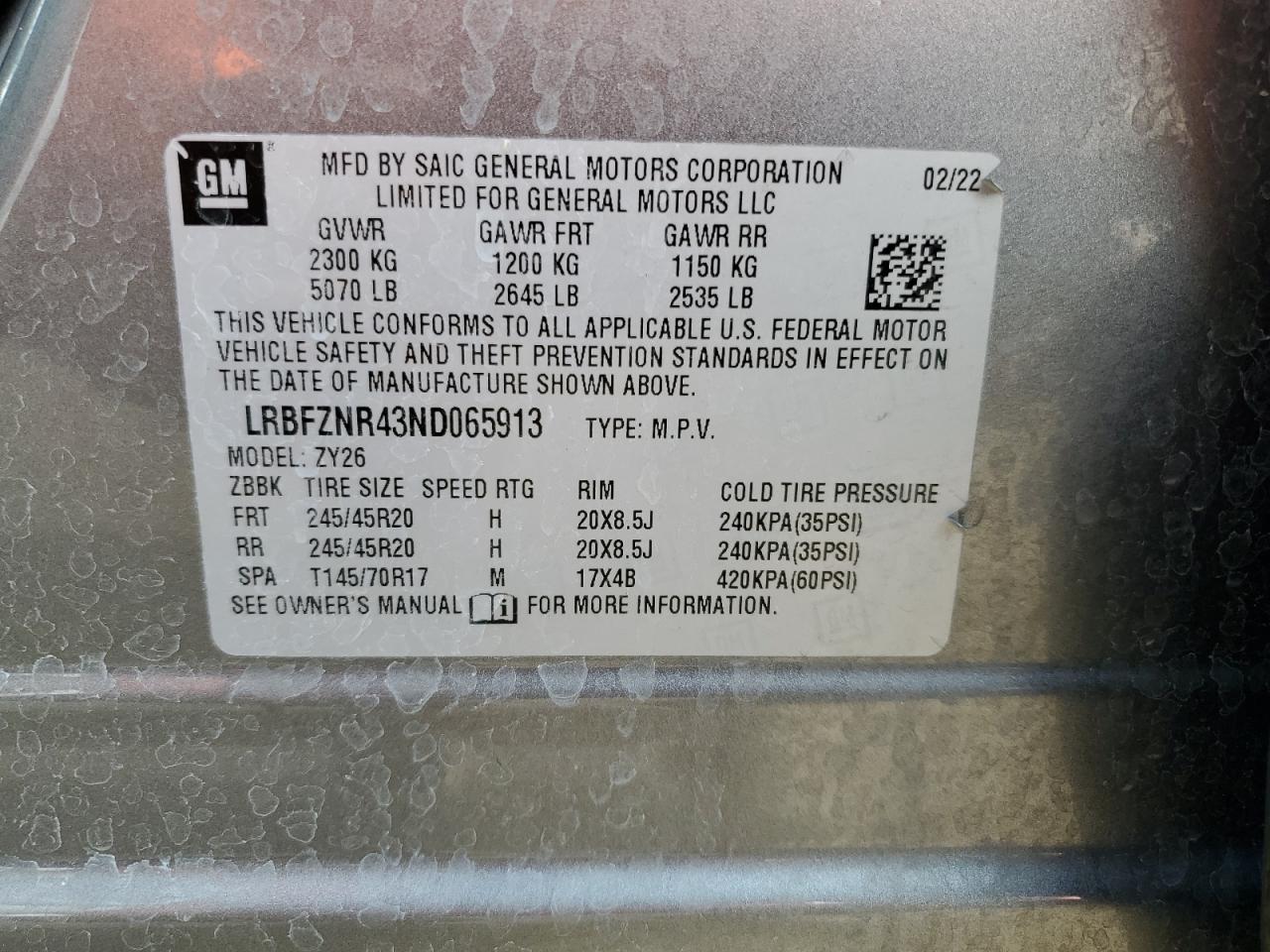 2022 BUICK ENVISION ESSENCE VIN:LRBFZNR43ND065913