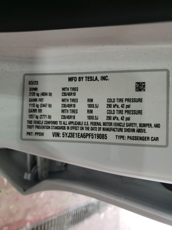 2023 TESLA MODEL 3 VIN:5YJ3E1EA6PF519085
