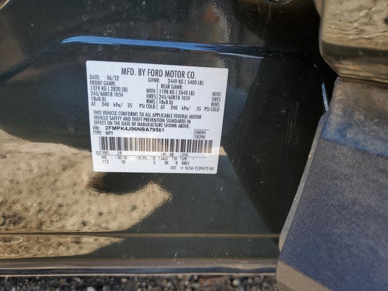 2022 FORD EDGE SEL VIN:2FMPK4J96NBA79561