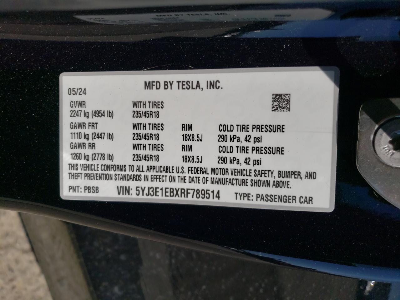 2024 TESLA MODEL 3 VIN:5YJ3E1EBXRF789514