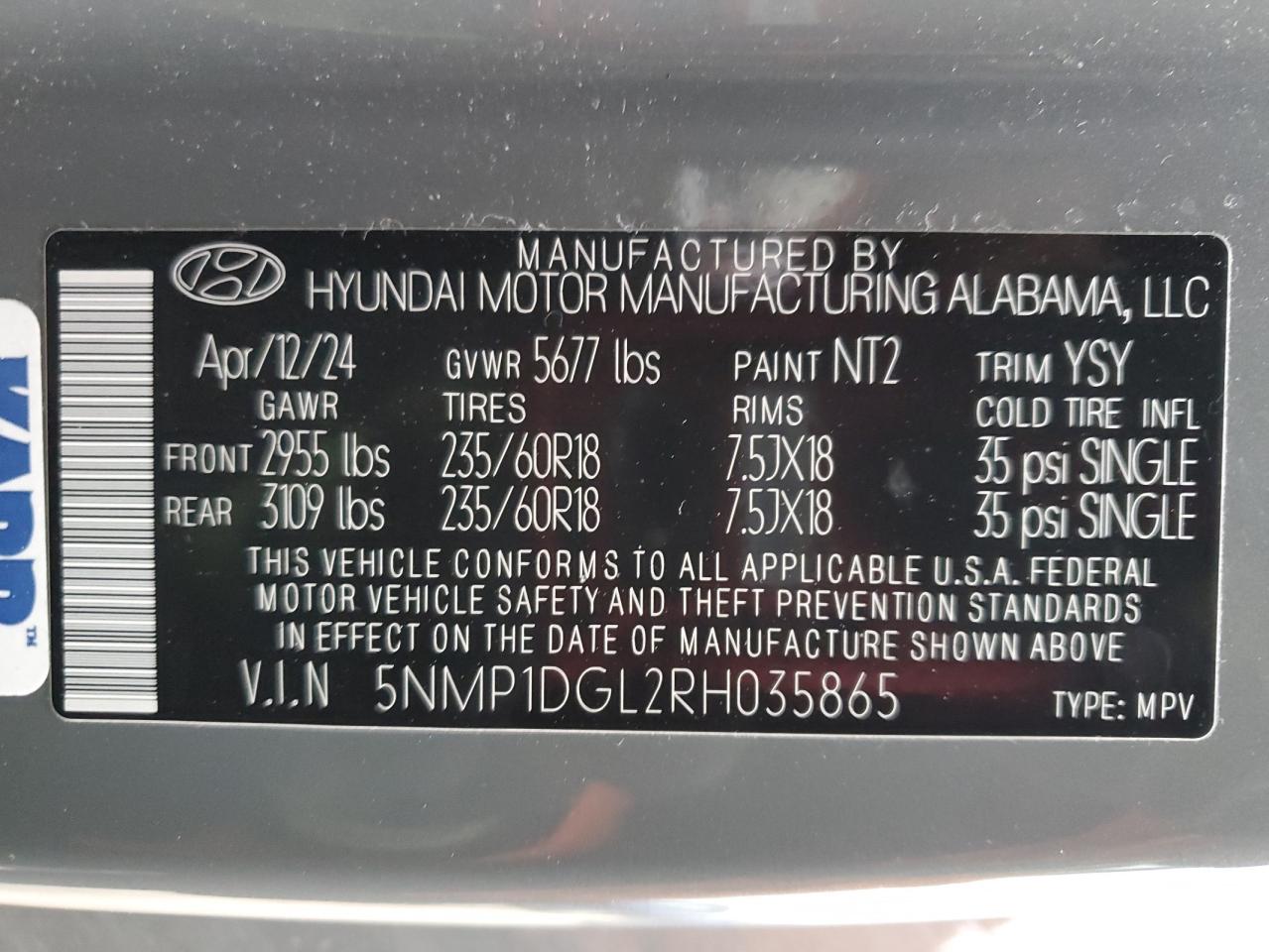 2024 HYUNDAI SANTA FE SE VIN:5NMP1DGL2RH035865