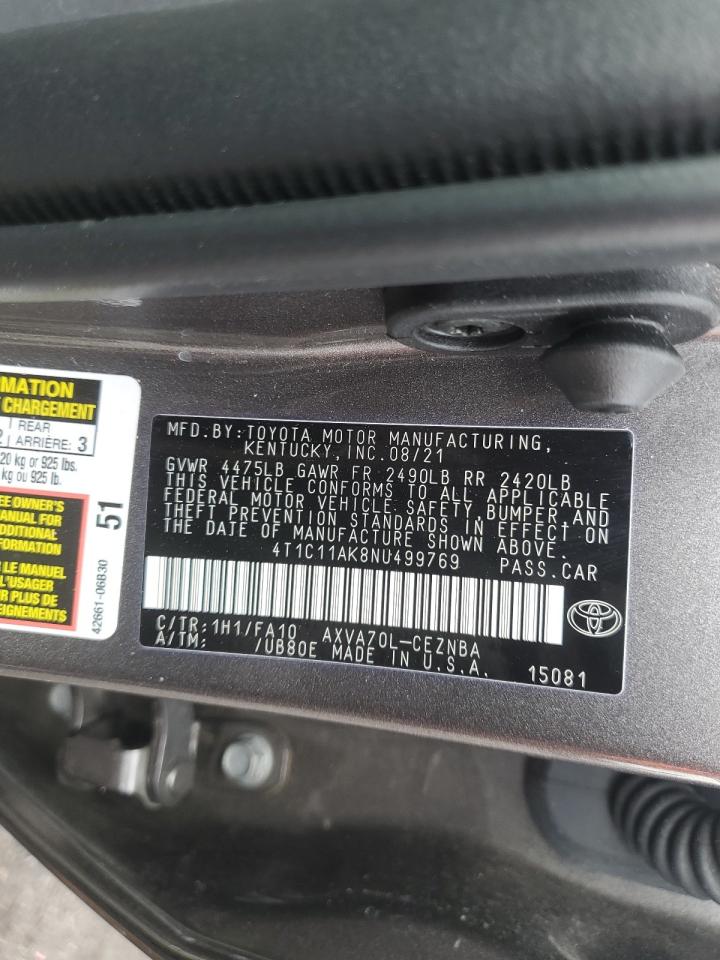 2022 TOYOTA CAMRY LE VIN:4T1C11AK8NU499769