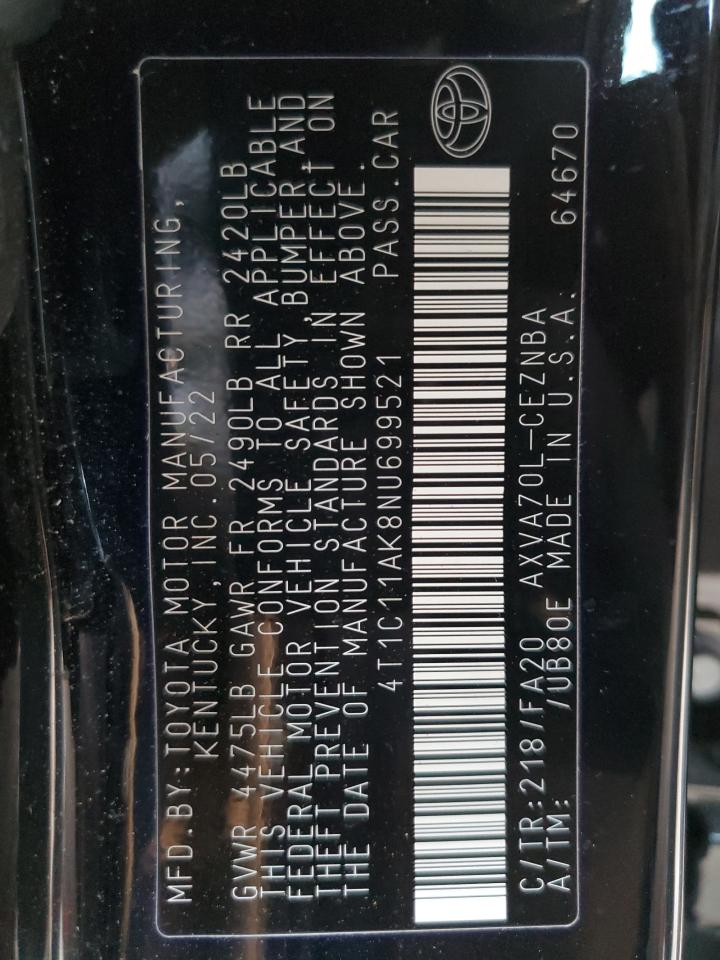 2022 TOYOTA CAMRY LE VIN:4T1C11AK8NU699521