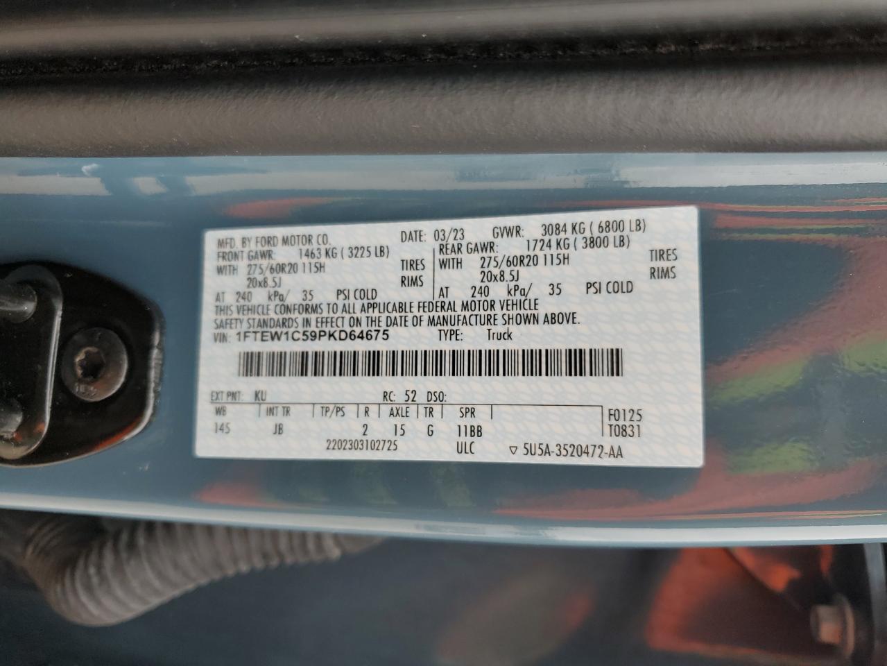 2023 FORD F150 SUPERCREW VIN:1FTEW1C59PKD64675