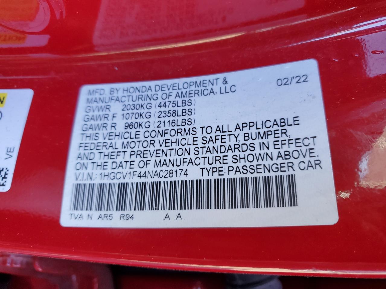 2022 HONDA ACCORD SPORT SE VIN:1HGCV1F44NA028174