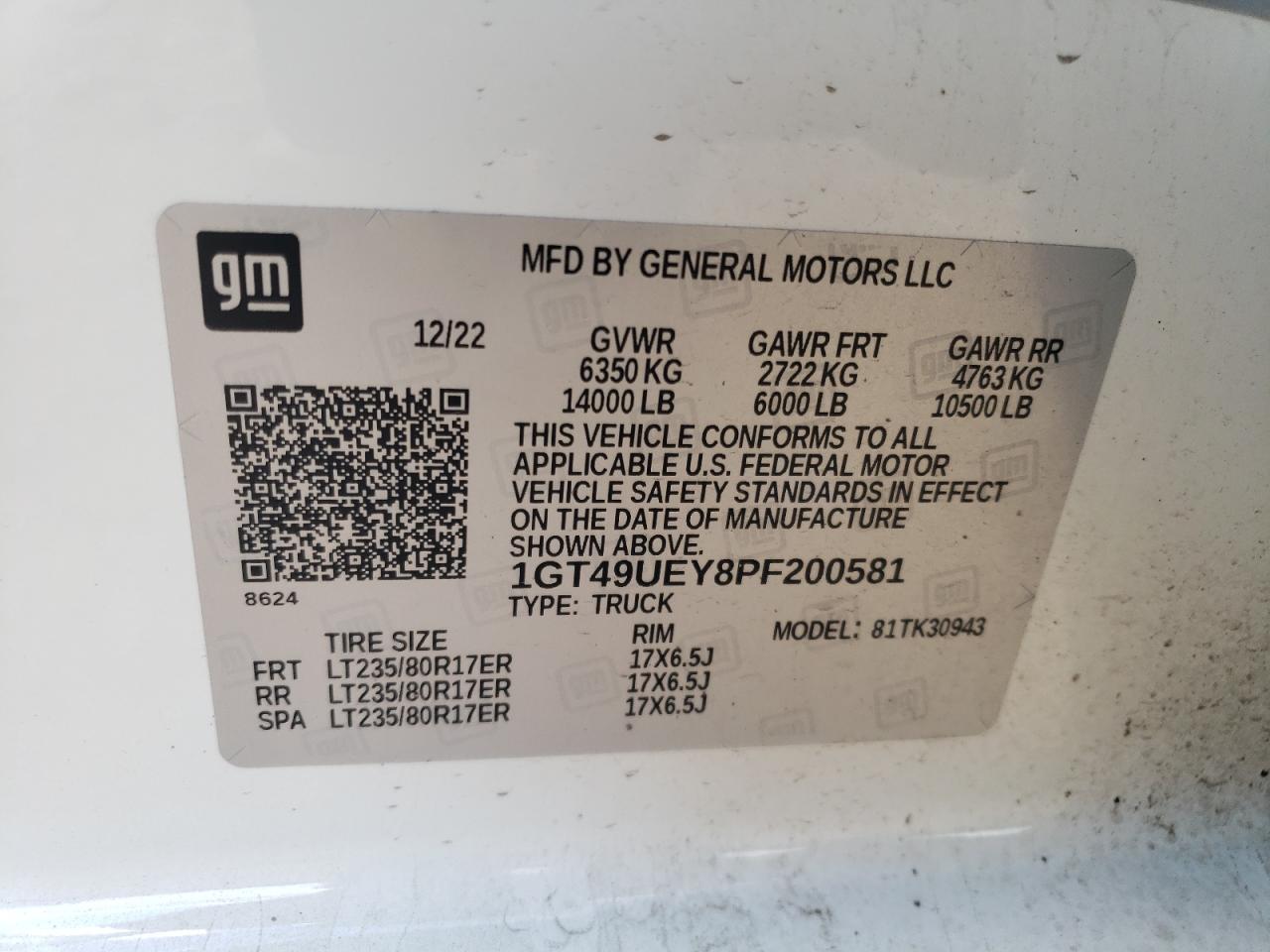 2023 GMC SIERRA K3500 SLT VIN:1GT49UEY8PF200581
