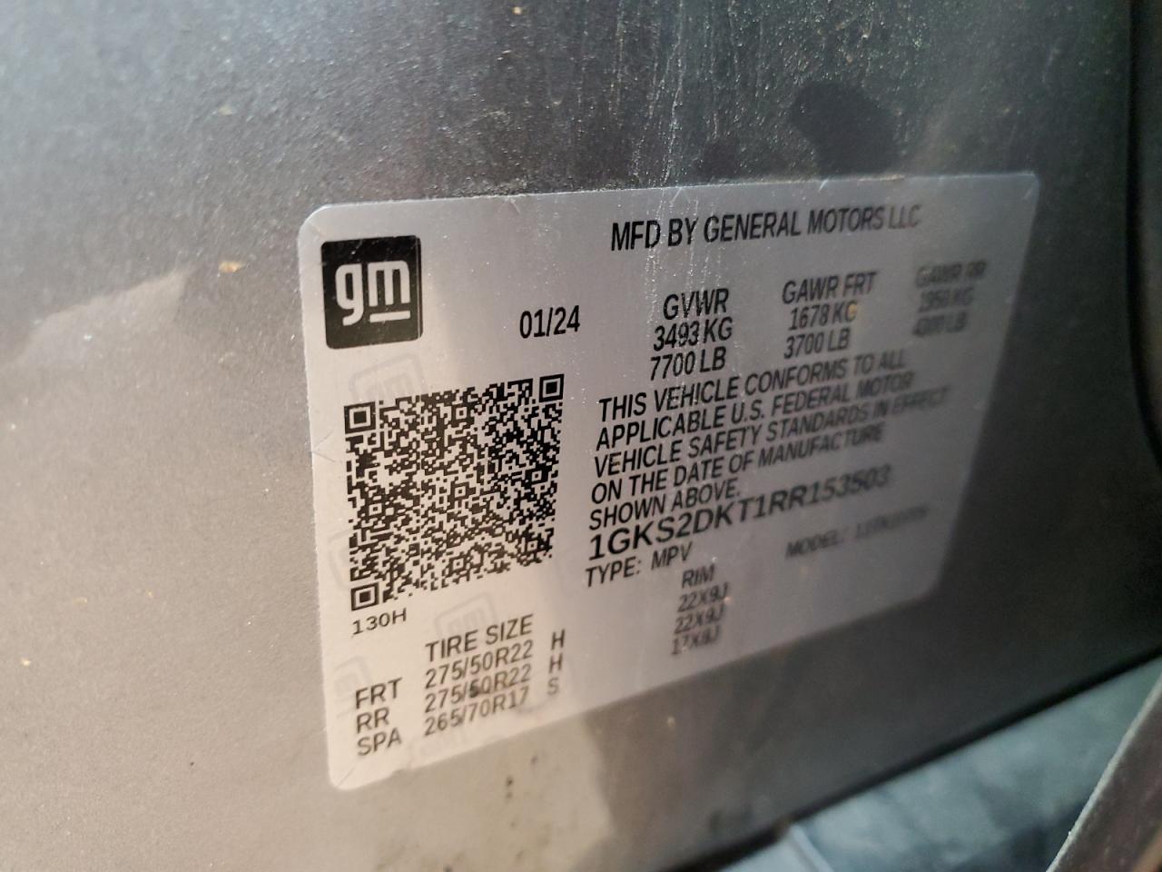 2024 GMC YUKON DENALI VIN:1GKS2DKT1RR153503