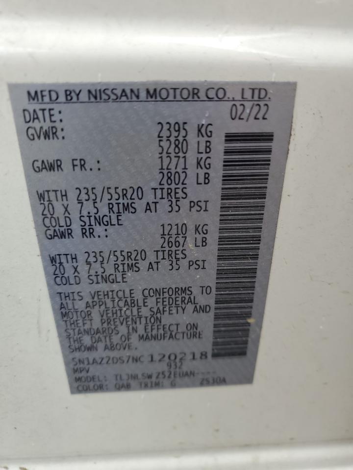 2022 NISSAN MURANO PLATINUM VIN:5N1AZ2DS7NC120218