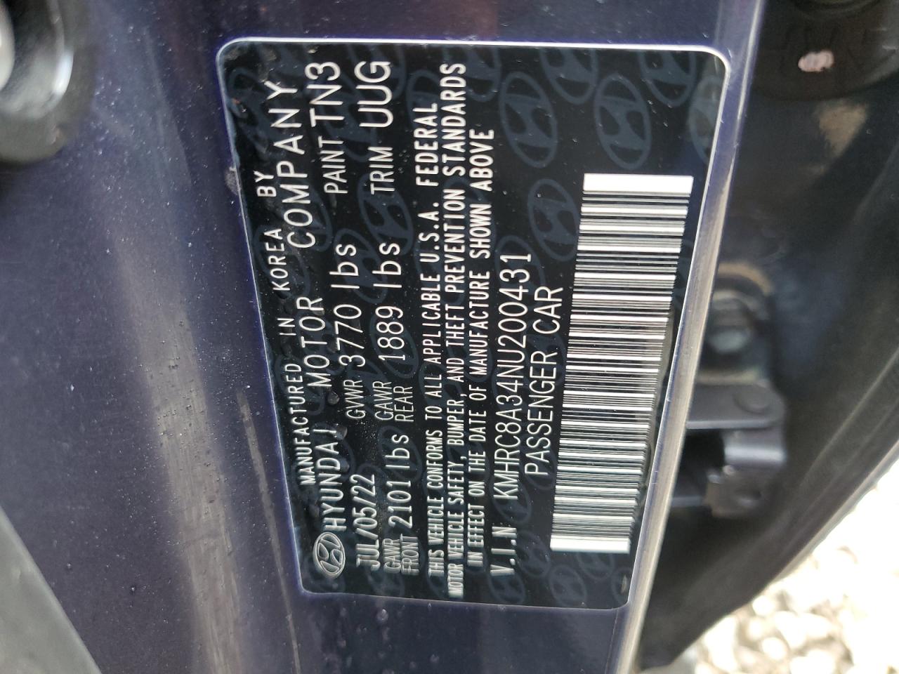 2022 HYUNDAI VENUE SEL VIN:KMHRC8A34NU200431