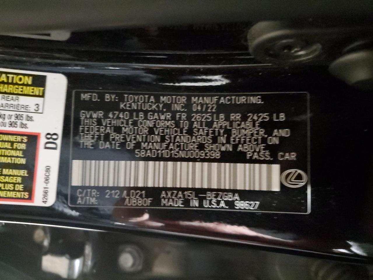 2022 LEXUS ES 250 BASE VIN:3GYFNDE31CS539448