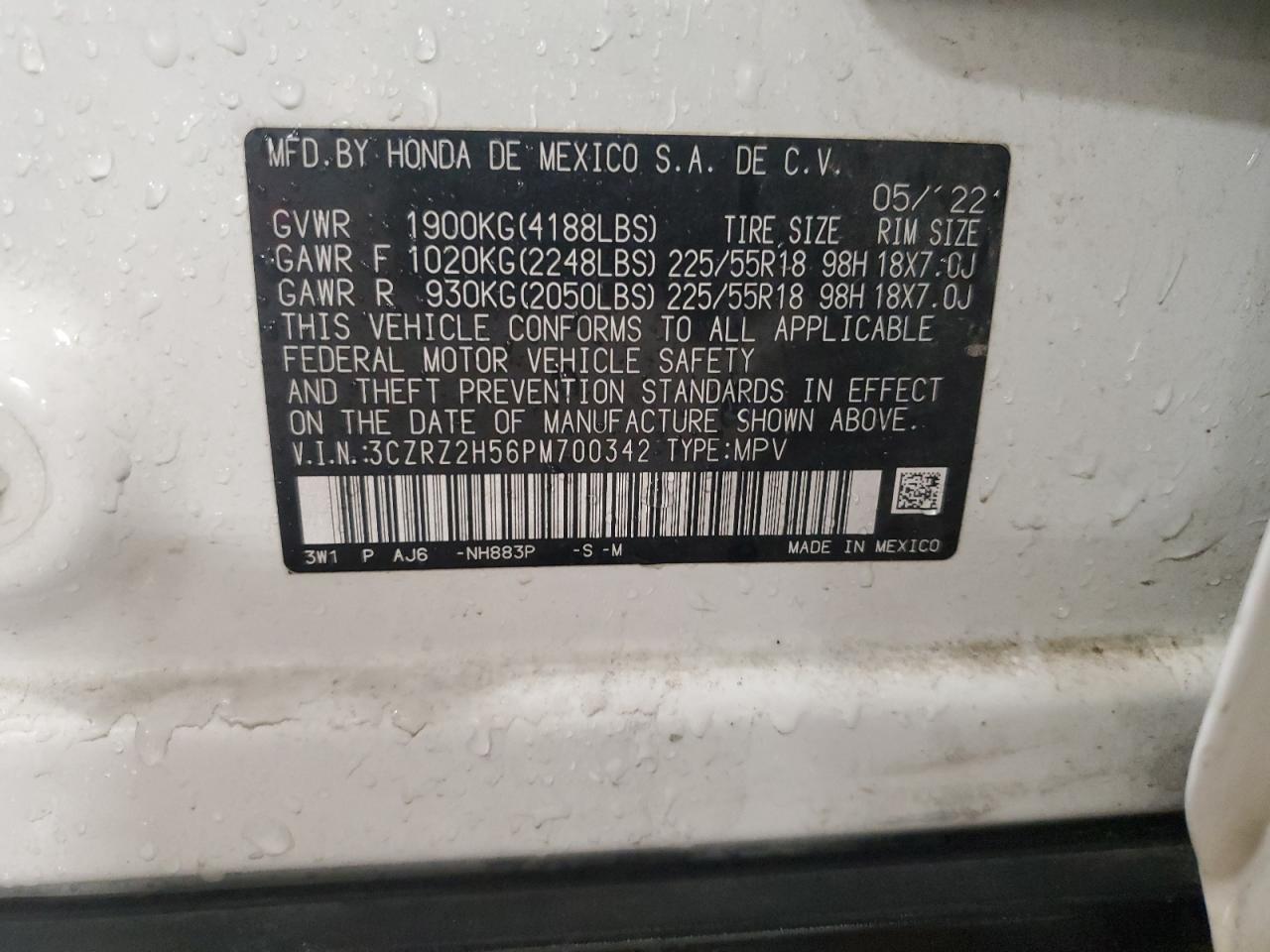 2023 HONDA HR-V SPORT VIN:3CZRZ2H56PM700342