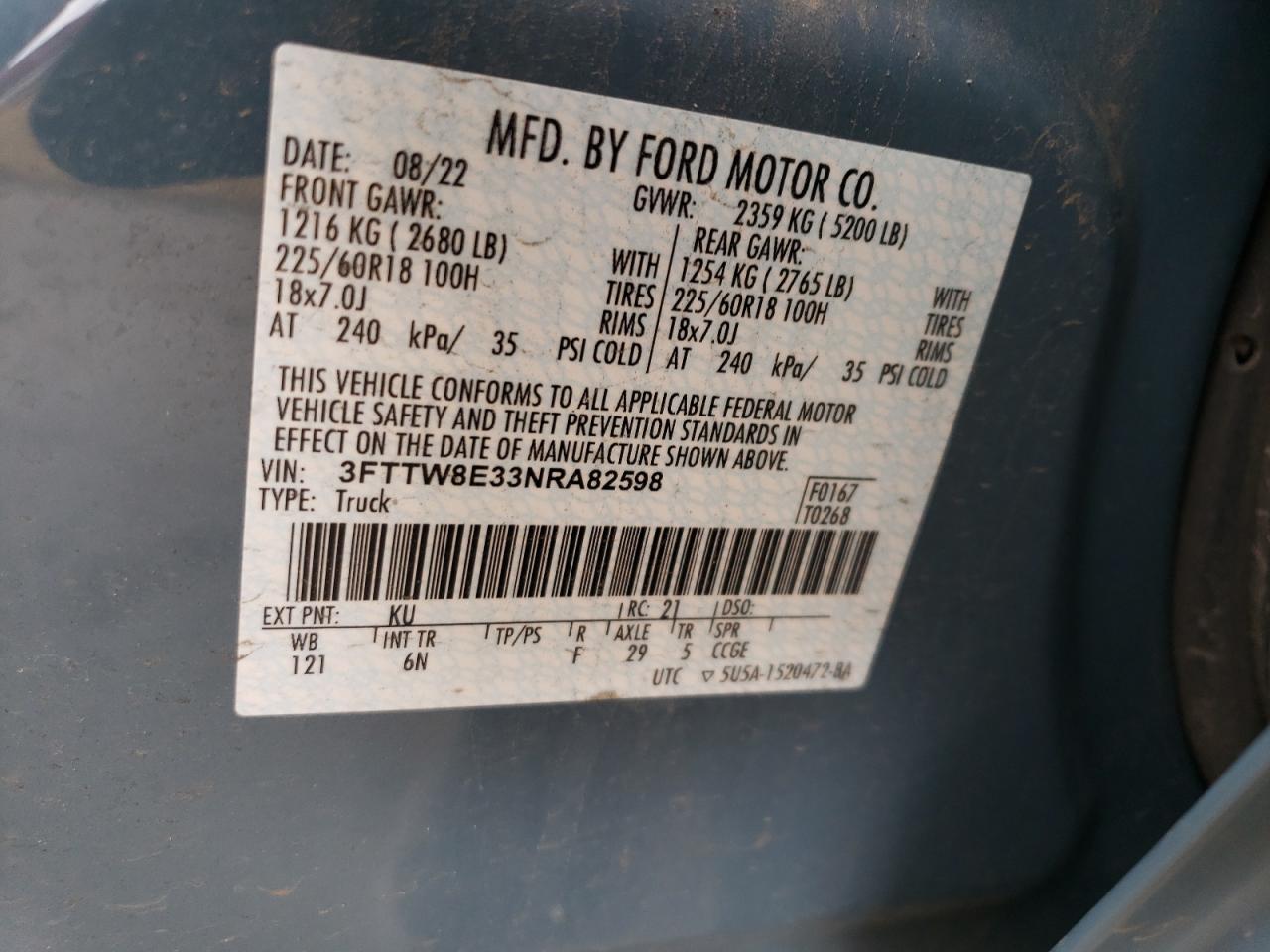 2022 FORD MAVERICK XL VIN:3FTTW8E33NRA82598