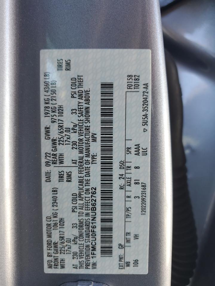 2022 FORD ESCAPE S VIN:1FMCU0F61NUB62762