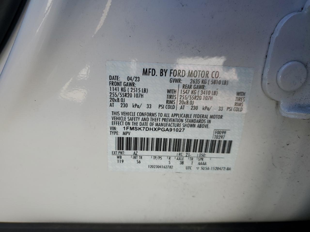2023 FORD EXPLORER XLT VIN:1FMSK7DHXPGA91027