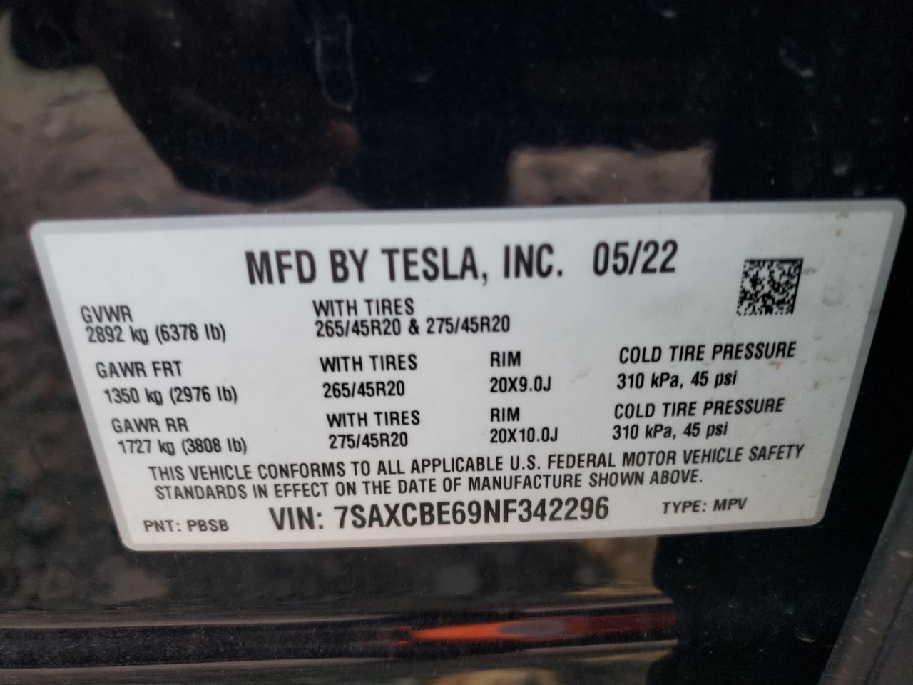 2022 TESLA MODEL X VIN:7SAXCBE69NF342296