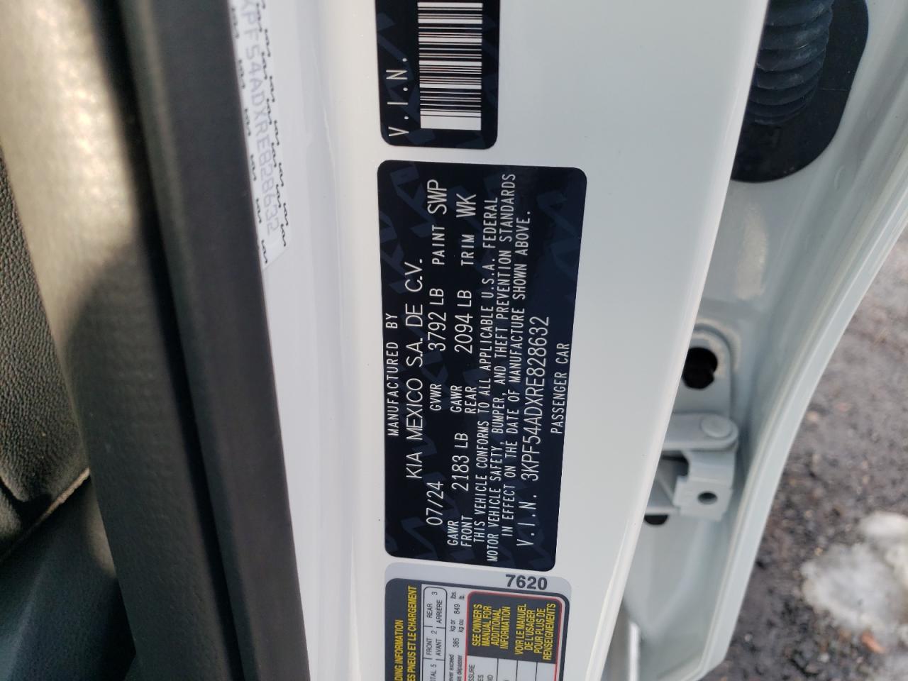 2024 KIA FORTE GT LINE VIN:3KPF54ADXRE828632