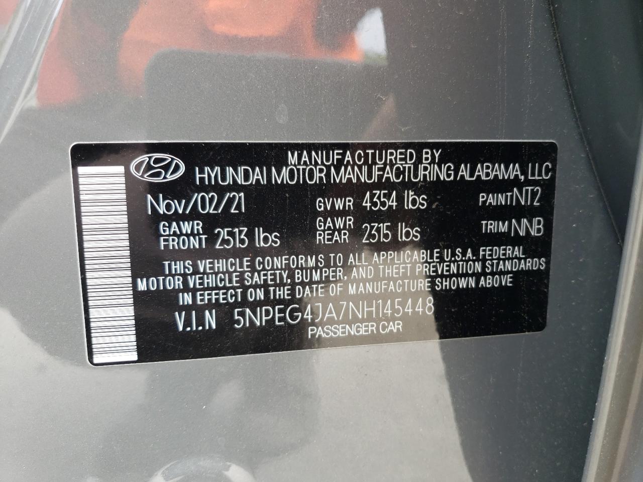 2022 HYUNDAI SONATA SE VIN:5NPEG4JA7NH145448