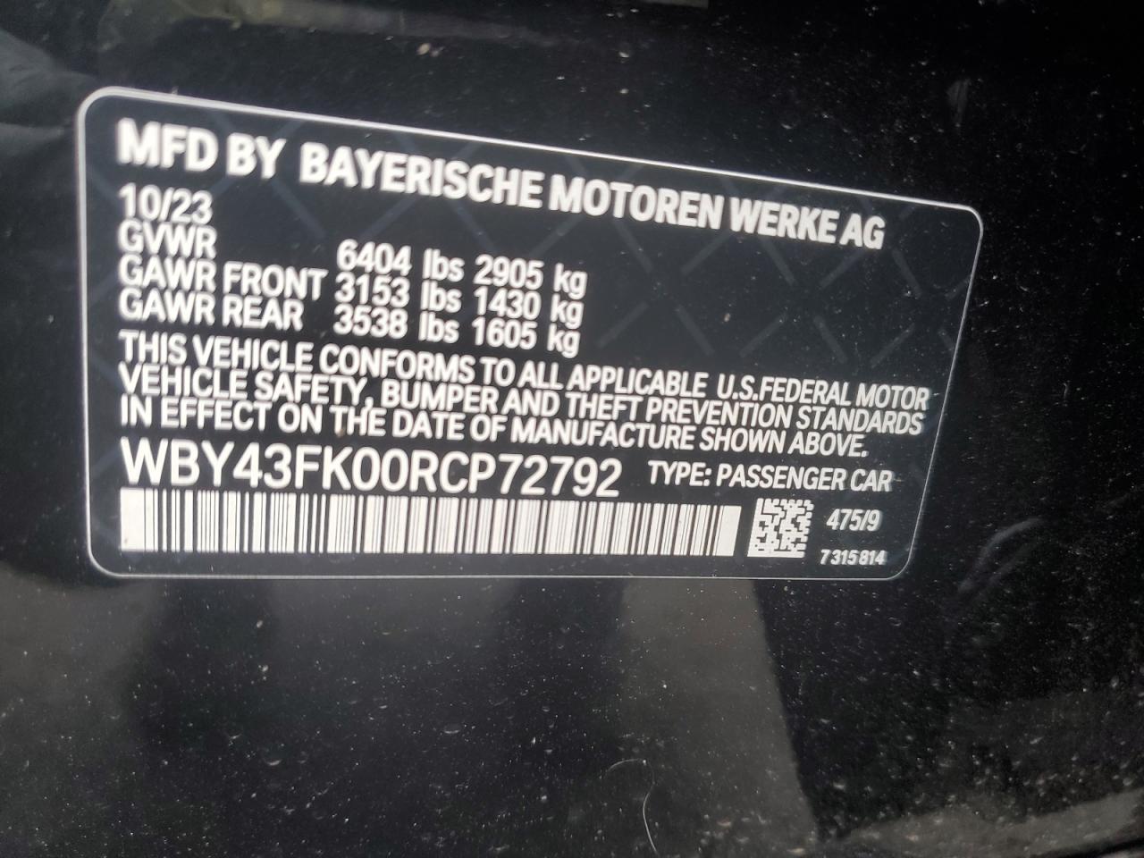 2024 BMW I5 M60 VIN:WBY43FK00RCP72792