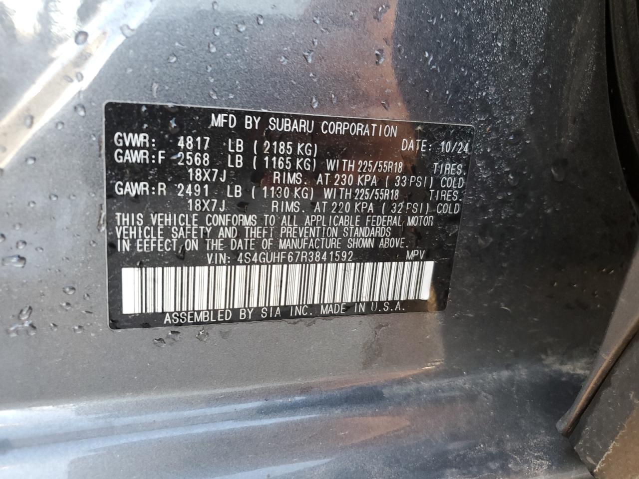 2024 SUBARU CROSSTREK SPORT VIN:4S4GUHF67R3841592