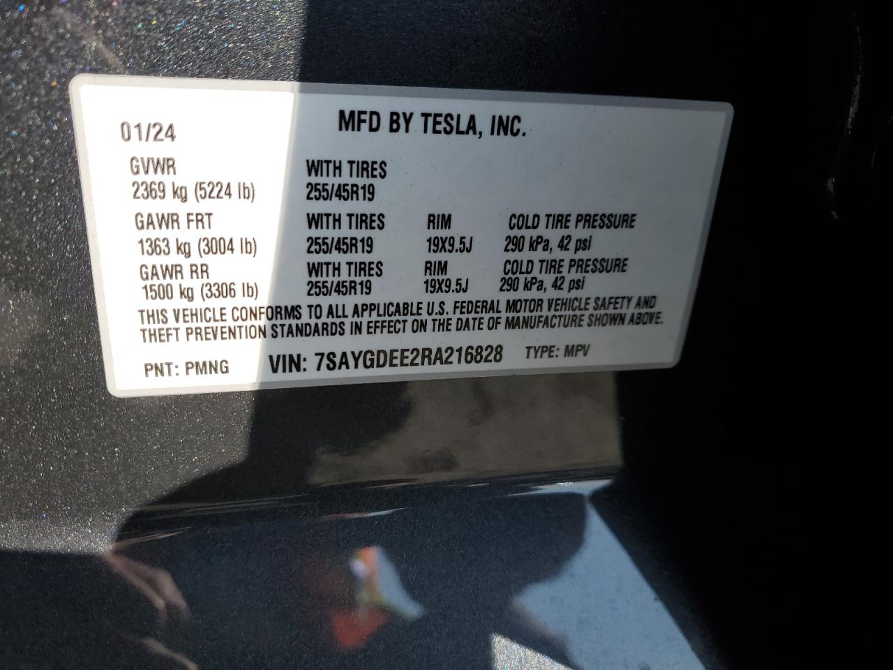 2024 TESLA MODEL Y VIN:7SAYGDEE2RA216828