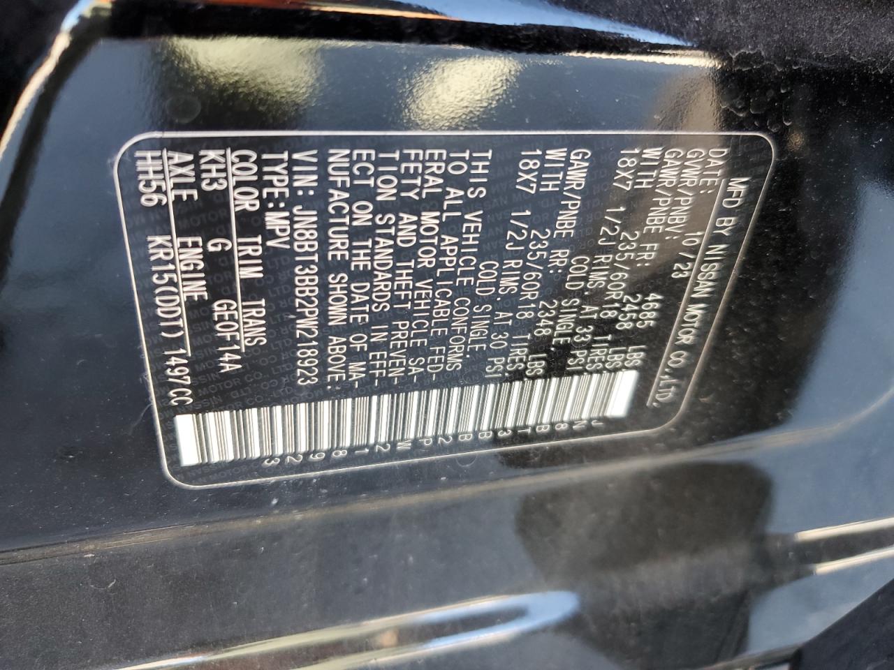 2023 NISSAN ROGUE SV VIN:JN8BT3BB2PW218923