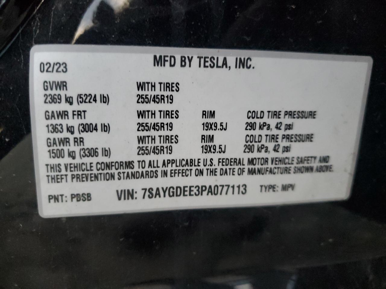 2023 TESLA MODEL Y VIN:7SAYGDEE3PA077113