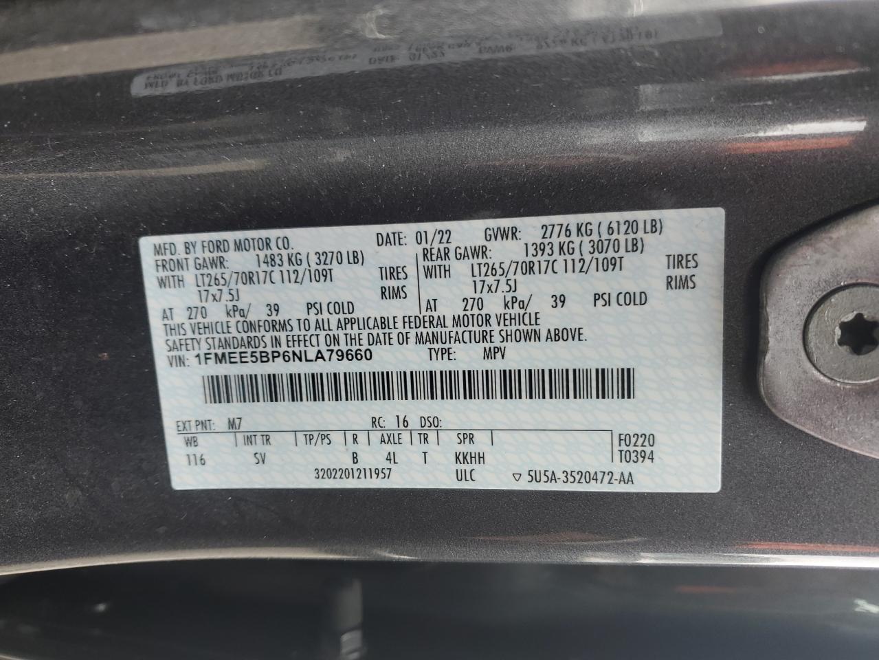 2022 FORD BRONCO BASE VIN:1FMEE5BP6NLA79660