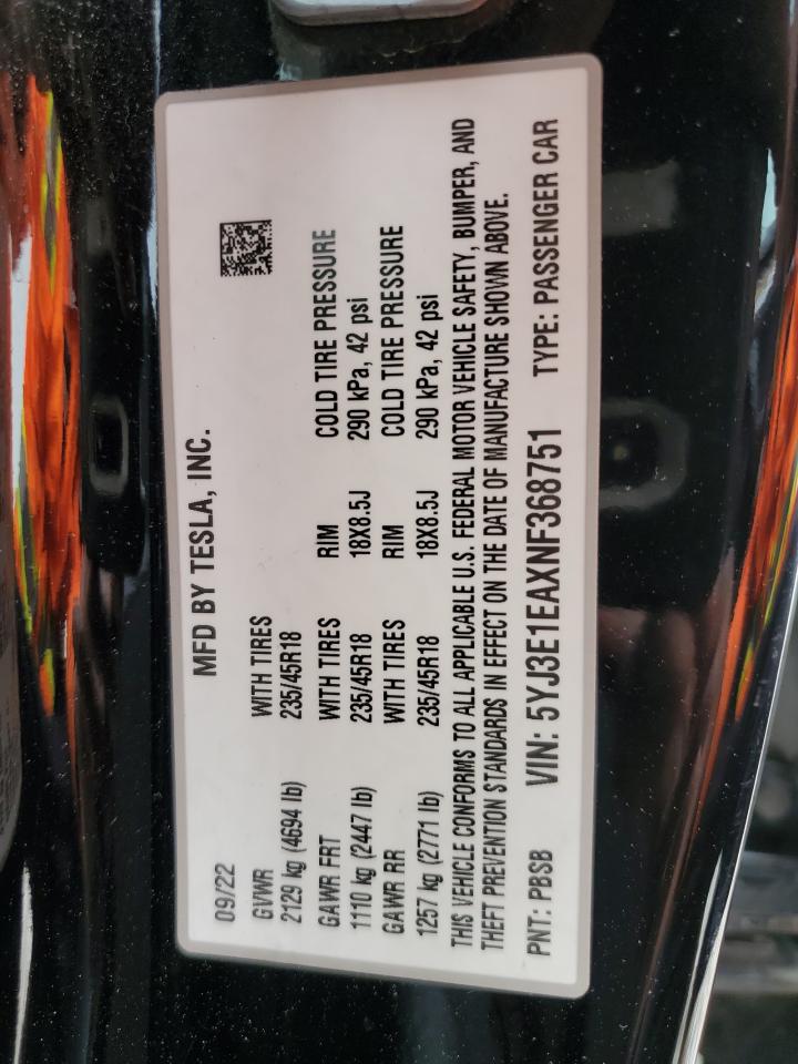 2022 TESLA MODEL 3 VIN:5YJ3E1EAXNF368751