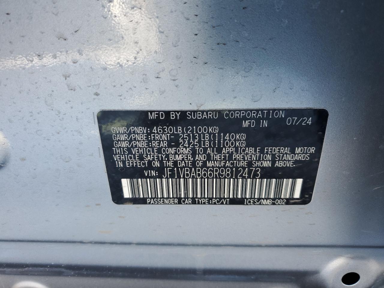 2024 SUBARU WRX VIN:JF1VBAB66R9812473